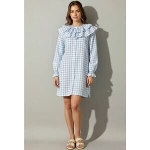 Hill House Colette Blue Jacquard Check Ruffle Long Sleeve Mini Dress, XS